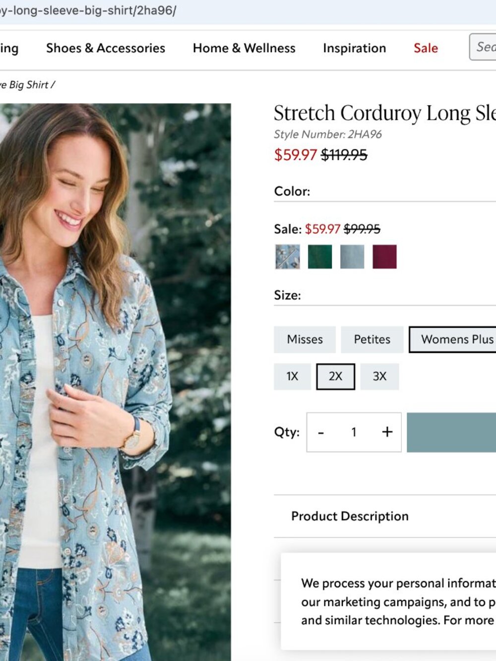 Soft Surroundings Stretch Corduroy Long Sleeve Big Shirt Blue Floral 2XL - Picture 2 of 11